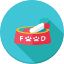 Red pet food bowl labeled "FOOD" with paw prints, filled with food, on a blue circular background—perfect for pets after mobile dog grooming or mobile cat grooming sessions.