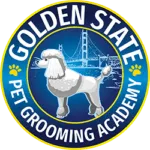 A logo for Golden State Pet Grooming Academy featuring a groomed poodle in front of the Golden Gate Bridge with paw prints on each side, perfect for any pet lover or those interested in mobile dog grooming.